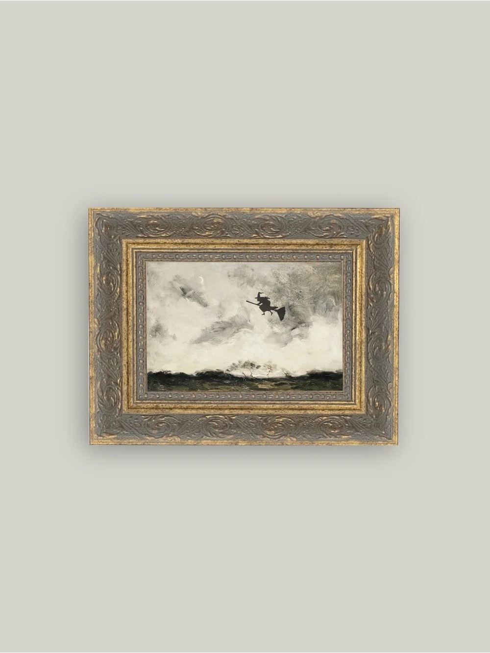 Moody Landscape Flying Witch Halloween Wall Art - Gold & Gray Frame